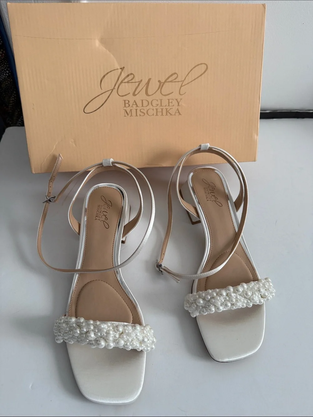 Jewel Badgley Mischka White Pearl Ankle-Strap Sandal